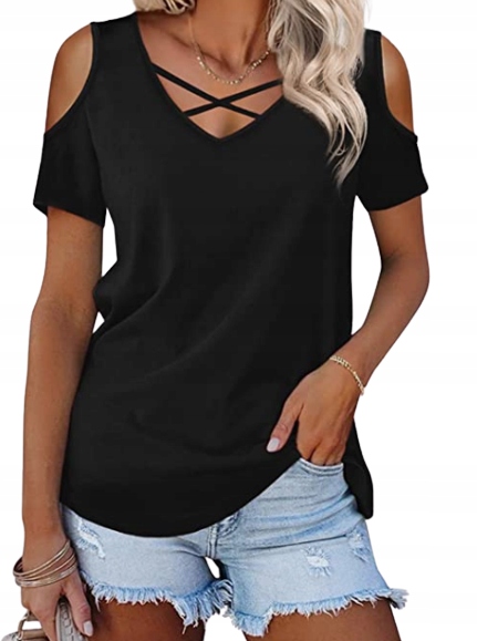 T-SHIRT Z ODKRYTYMI RAMIONAMI FLORBOOM CZARNY r.L