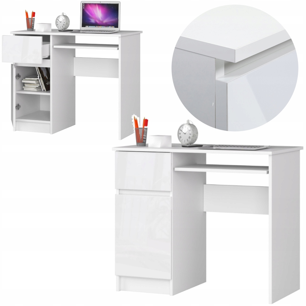 BIURKO KOMPUTEROWE BIUROWE BIAŁE POŁYSK SZUFLADY 90 cm NOWOCZESNE A6 LEWE