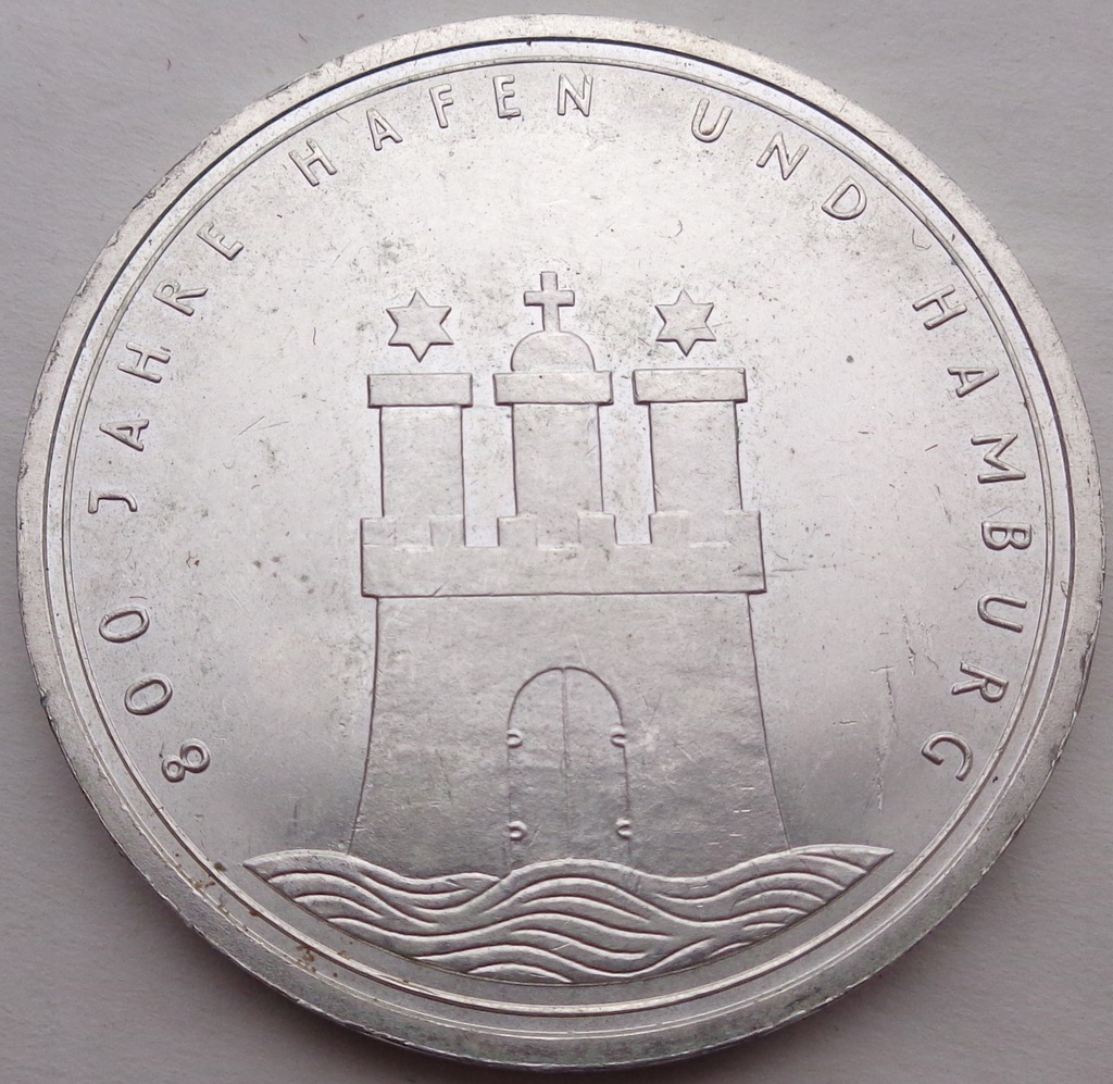 Niemcy - 10 marek - 1989 J - 800 lat Hamburga - srebro