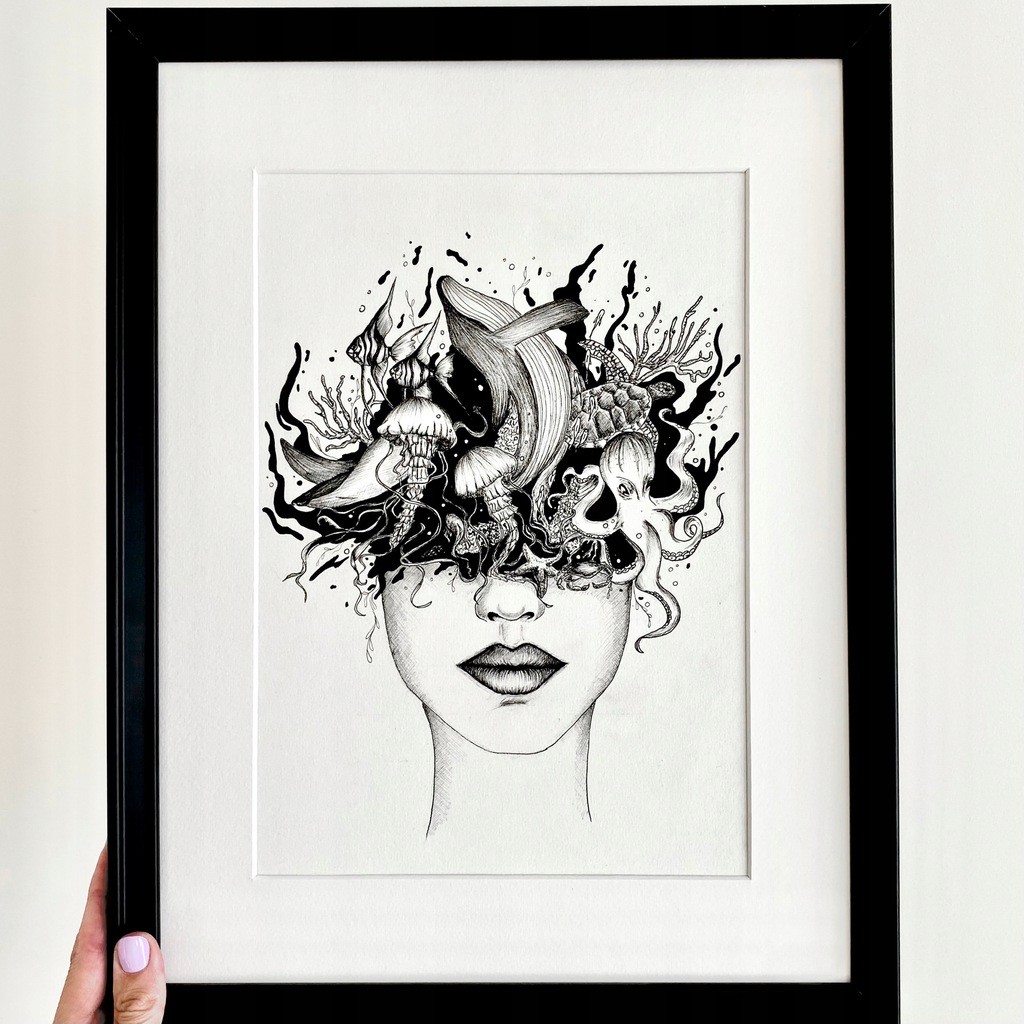 Oprawiona czarno-biała grafika rysunek obraz w ramce