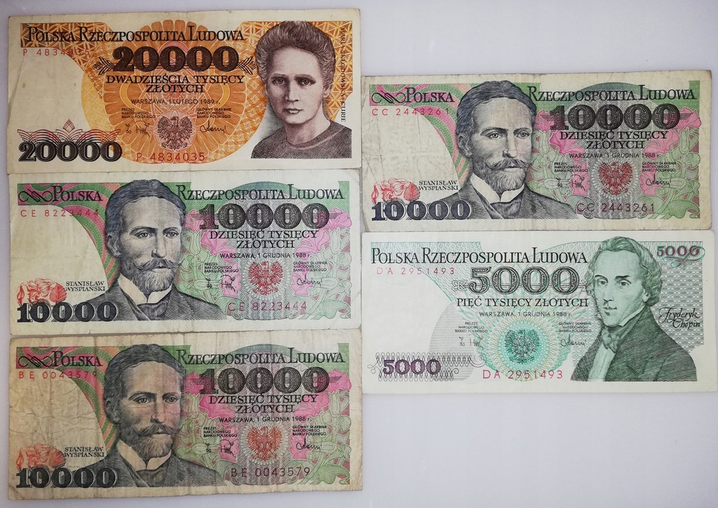 Zestaw 5 banknotów PRL 20000 zł seria P, 3 x 10000 zł, 5000 zł 1988-1989