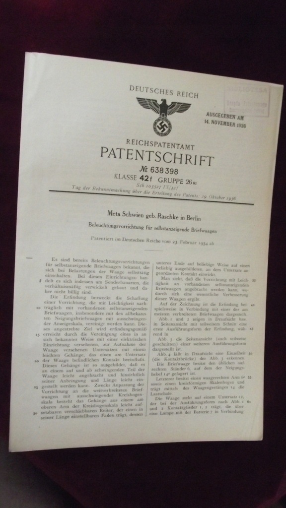 Patentschrift Deutsches Reich 1936