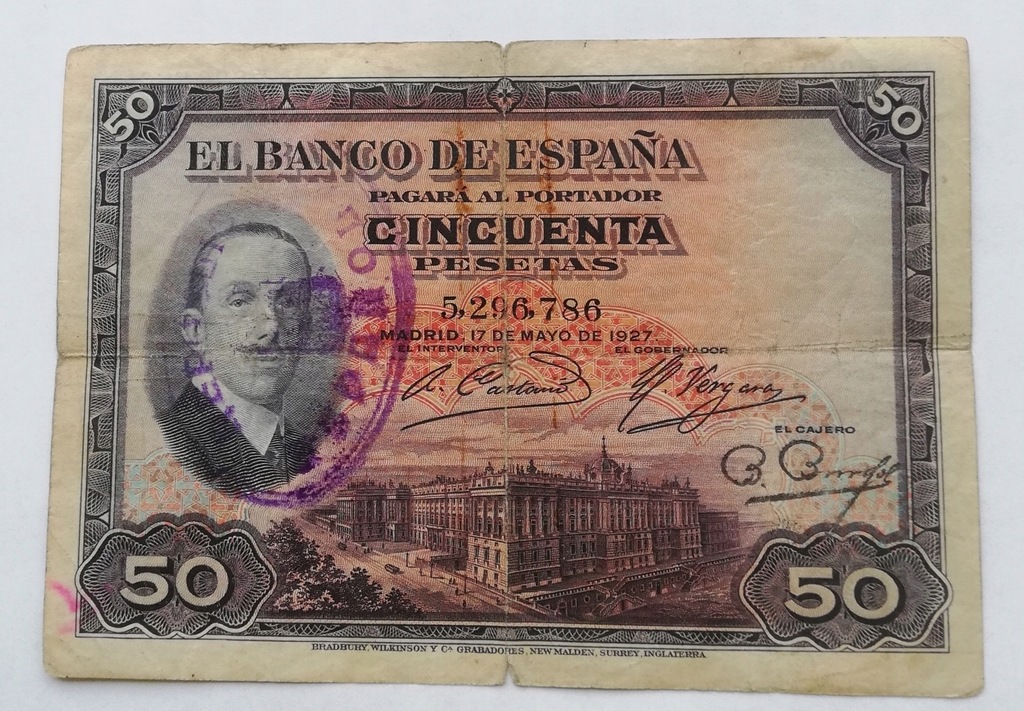 Hiszpania 50 peset 1927 b. rzadki