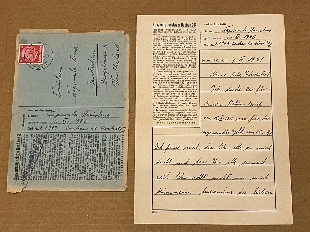 List z Obozu koncentracyjnego KL Dachau do Jarocina 1941