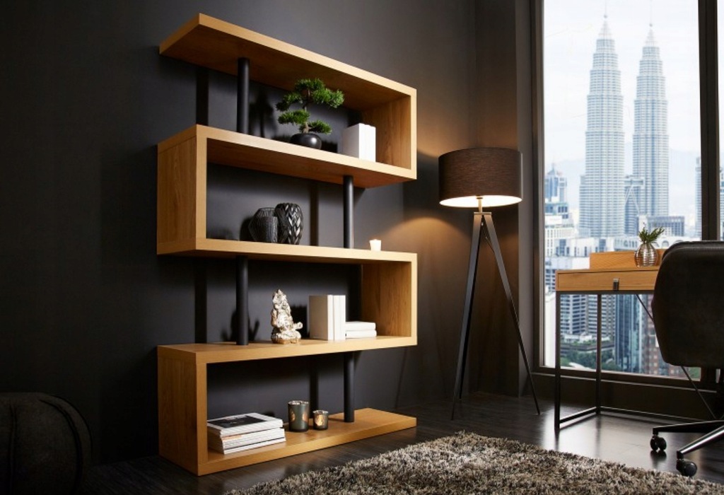 Regał do salonu z naturalnego dębu i metalową czarną ramą w nowoczesnym