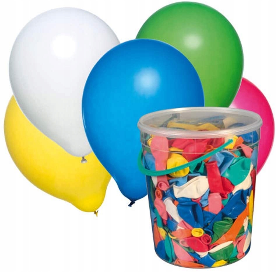 500 balonów w różnych kolorach w wiaderku
