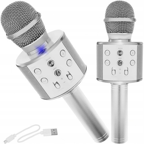 Mikrofon Karaoke Bezprzewodowy Bluetooth Głośnik SREBRNY DO ŚPIEWANIA