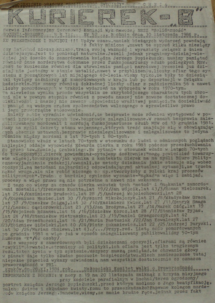 KURIEREK B nr 52, Solidarność Bochnia Brzesko 1984