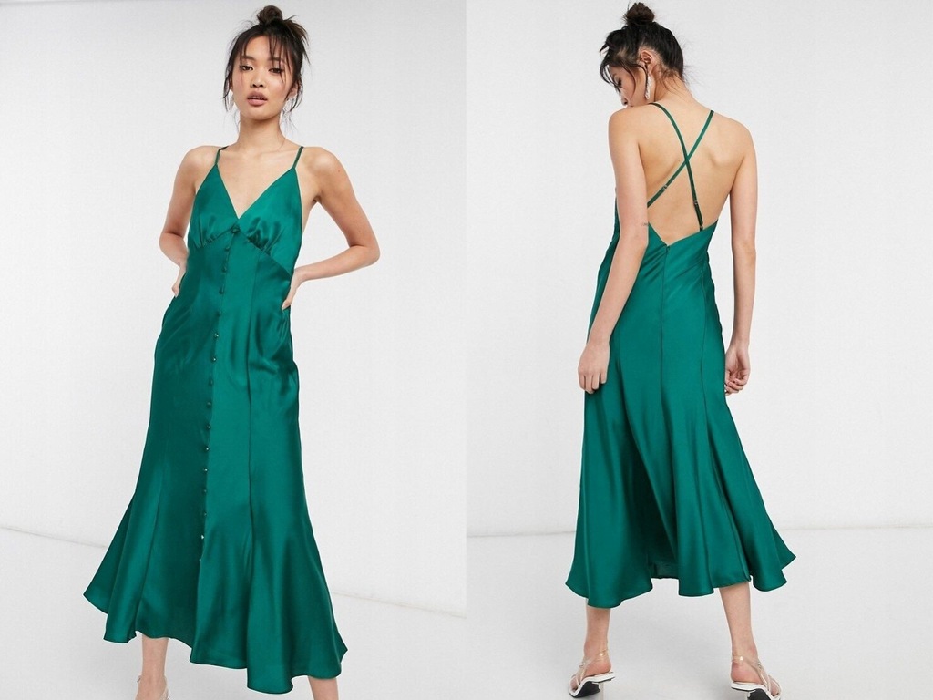 DESIGN Zielona satynowa sukienka midi 36