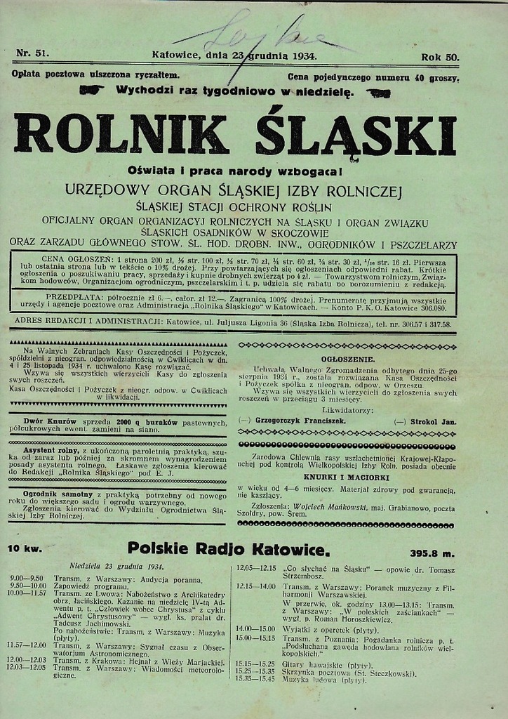 ROLNIK ŚLĄSKI 1934 51 Bełsznica Załężę Woźniki