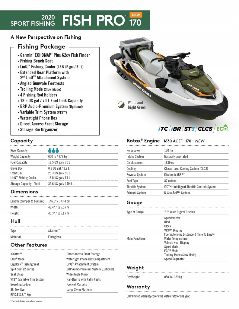 Купить Водный скутер Sea-Doo Fish PRO 170 iBR НОВИНКА 2020 ГОДА: отзывы, фото, характеристики в интерне-магазине Aredi.ru