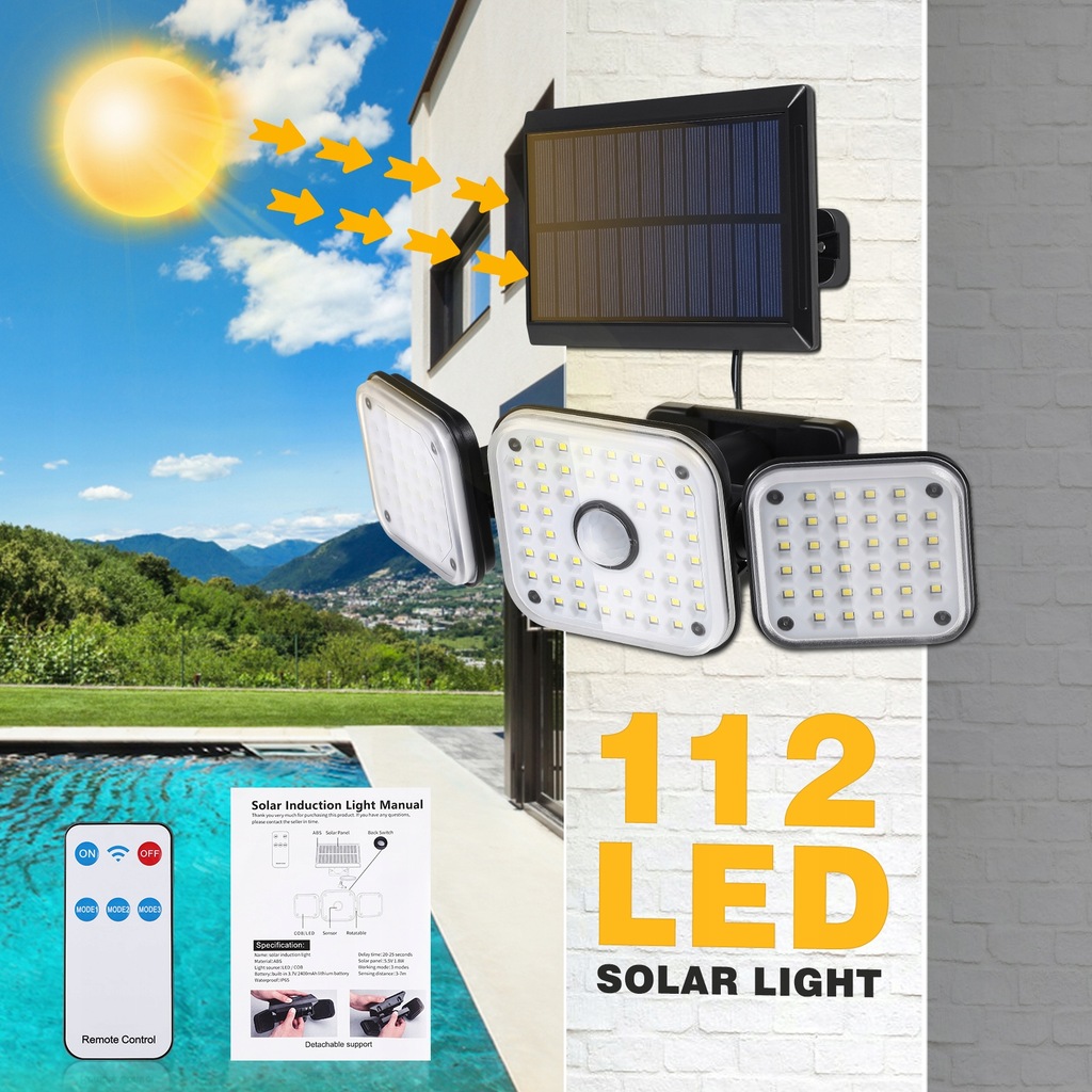 SOLAR LAMPKA LED 112 Z CZUJNIKIEM RUCHU DO OGRODU PŁOTU ŚCIANY
