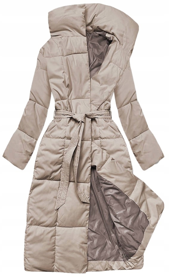 DŁUGA KURTKA Z PASKIEM 2M-061 BEŻ XL (42)