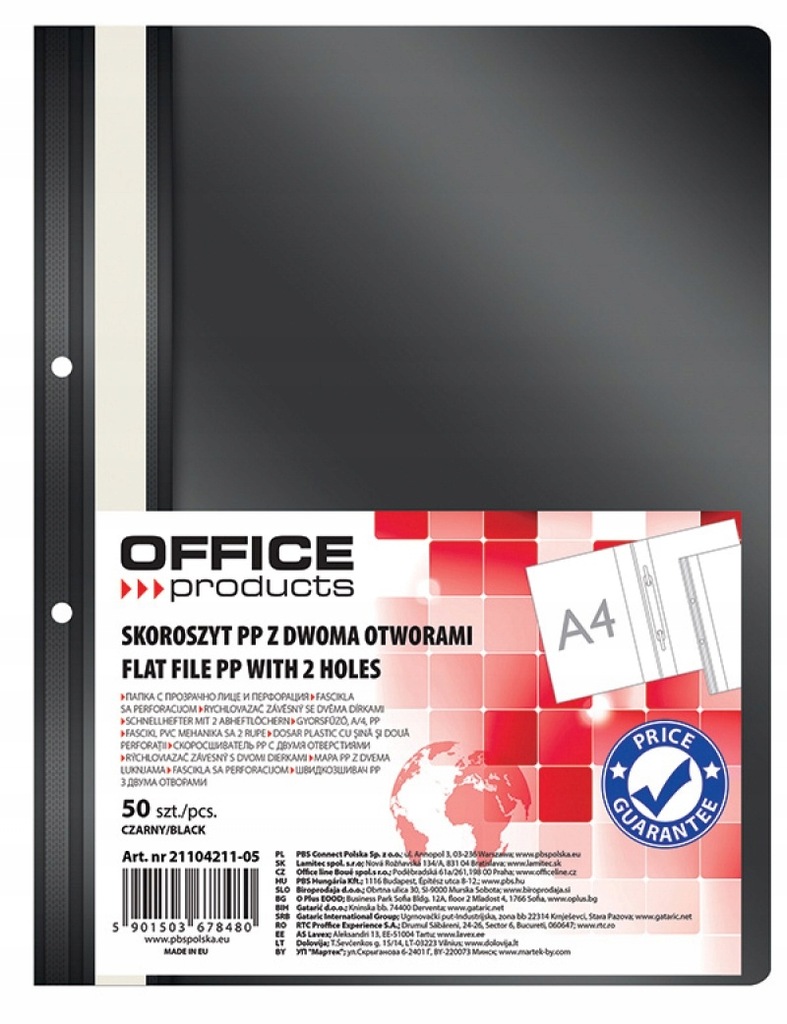 Skoroszyt PP A4 2 otwory wpinany czarny 50szt