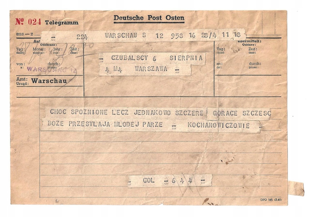 Telegram Deutsche Post Osten Warszawa 1942