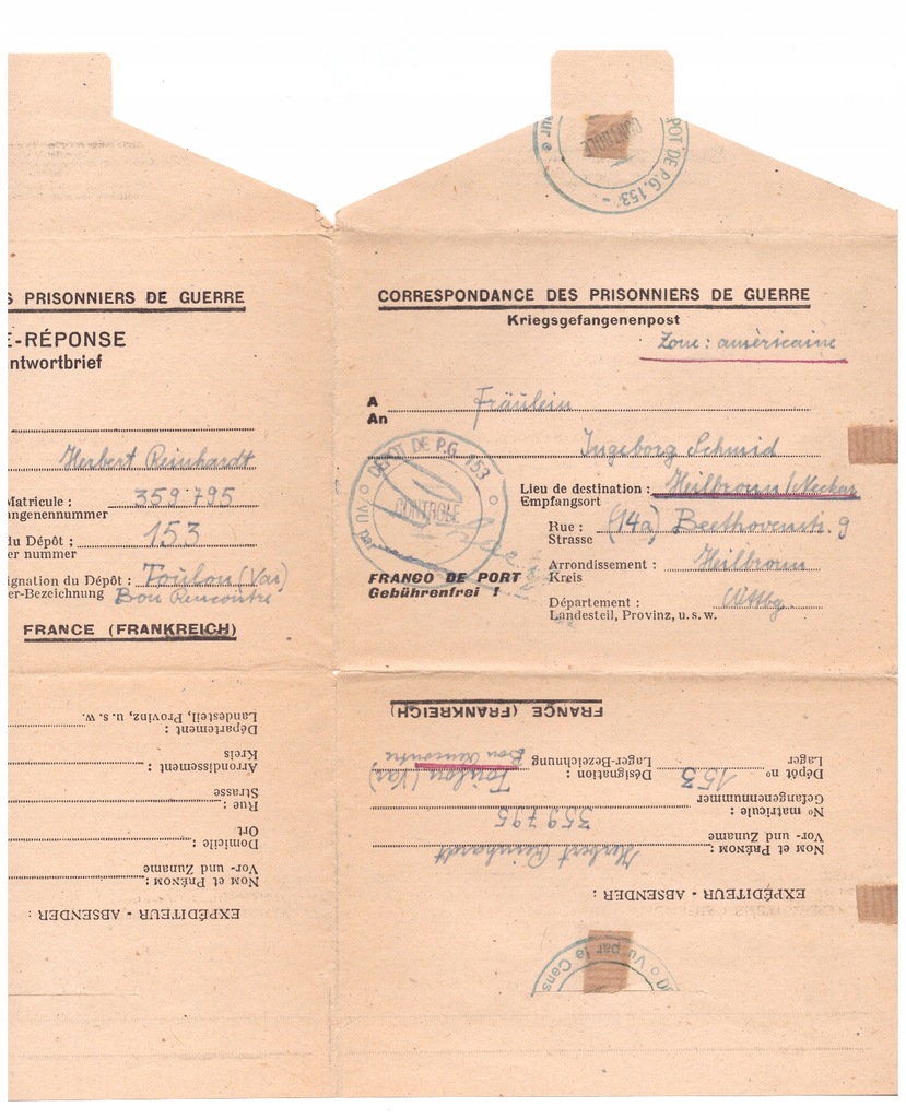 List z obozu - całość - 1945 r Francja-Niemcy