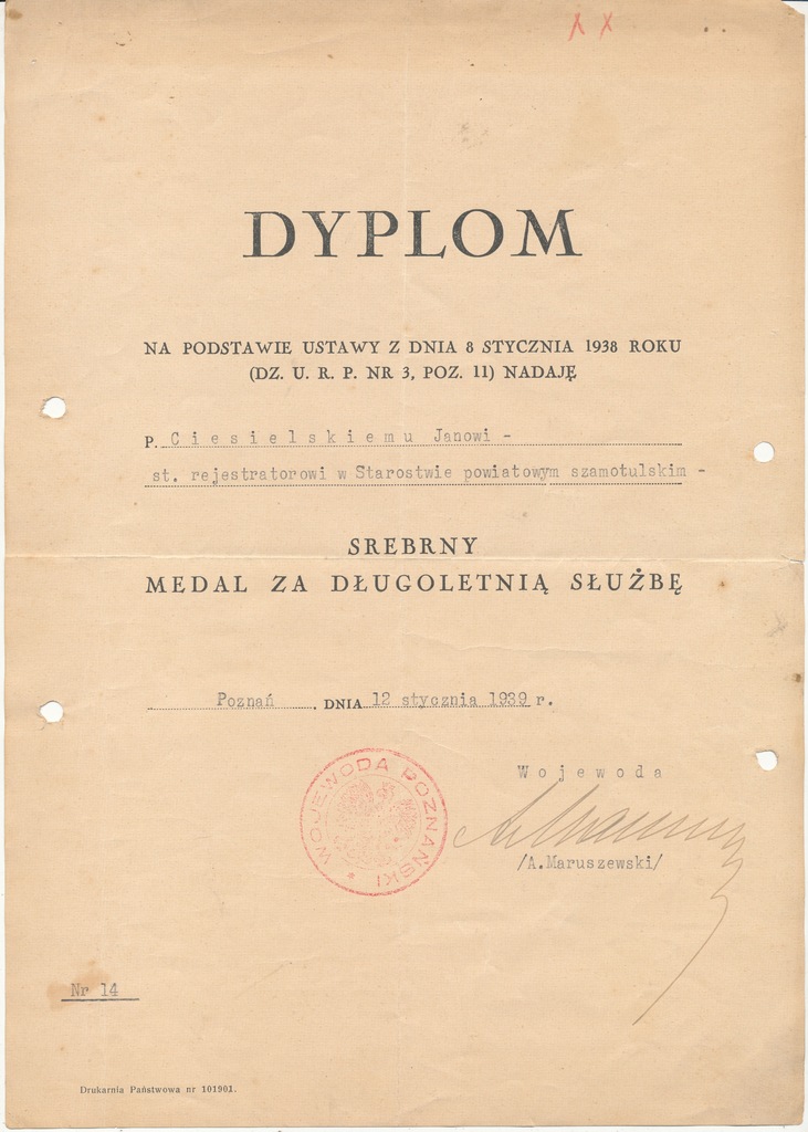 Dyplom Srebrny Medal Za Długoletnią Służbę dla mieszkańca Szamotuły wymiary