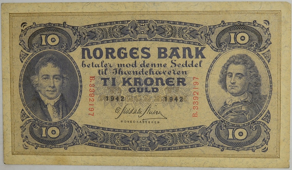 15.db.Norwegia, 10 Koron 1942 rzadki, P.8.c, St.3+