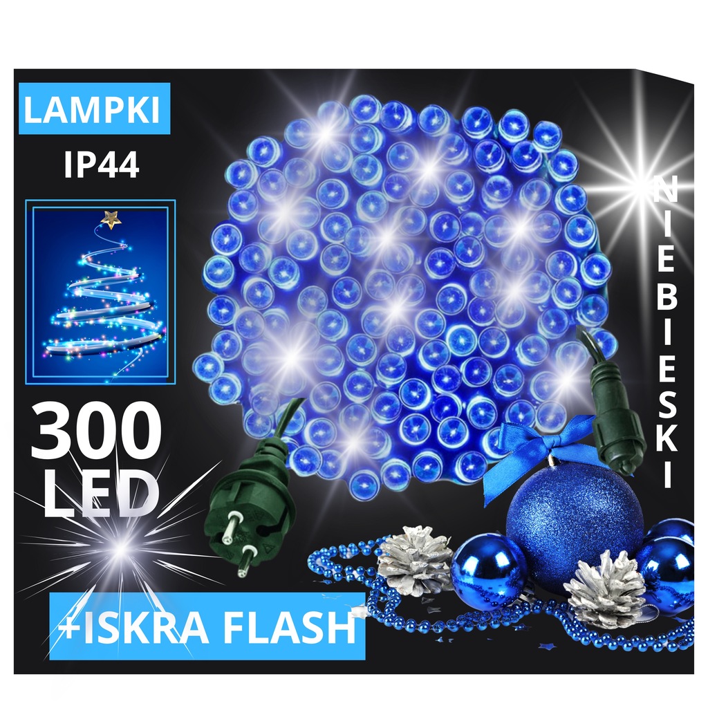 LAMPKI CHOINKOWE 300 LED ZEWNĘTRZNE STAŁE FLASH IP44 GRUBY KABEL NIEBIESKIE