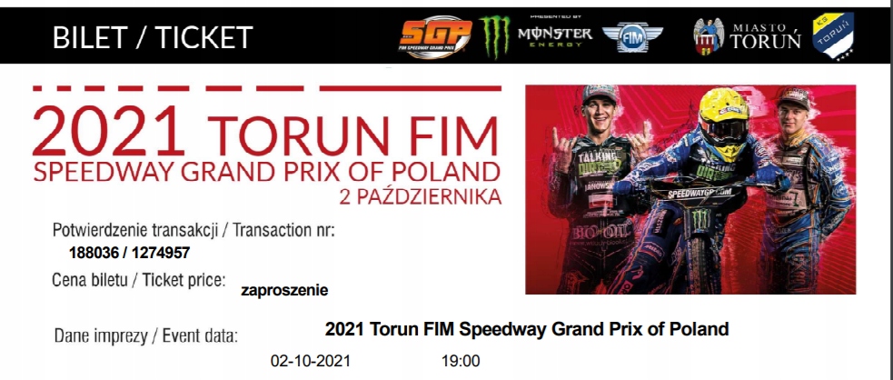 2 x bilet na Speedway Grand Prix 02.10.2021 Toruń