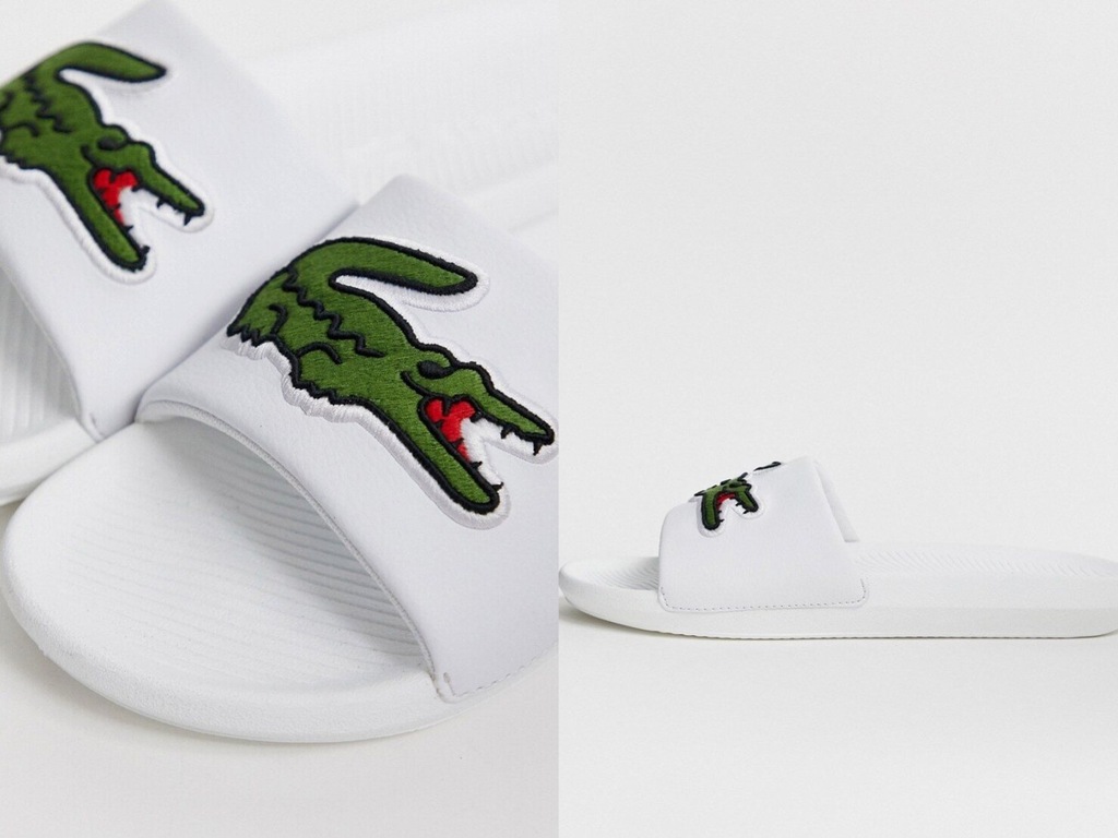 Lacoste Croco – Białe klapki z dużym logo 40,5