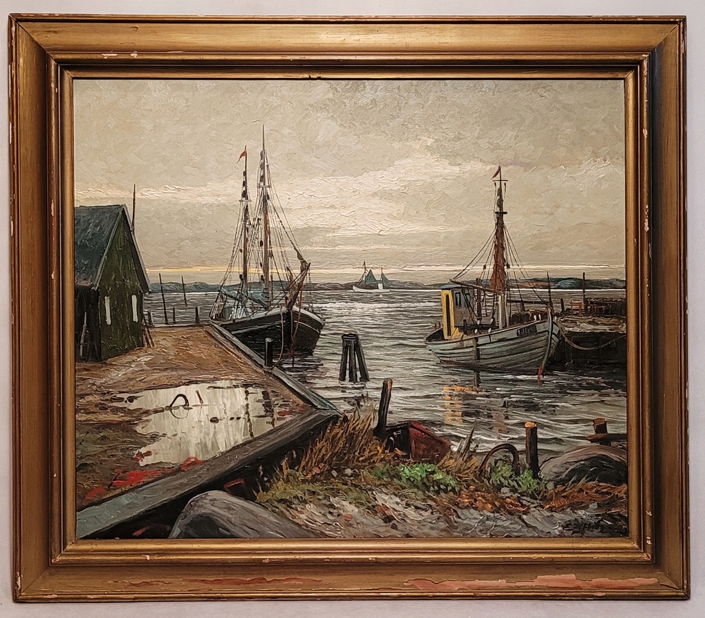 ERIK YTTING (1921 – … ) - „ PRZYSTAŃ RYBACKA ”, piękny obraz olejny.