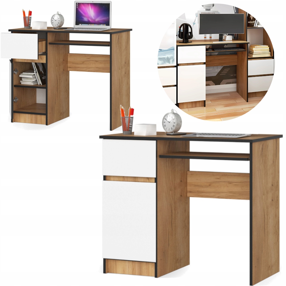 BIURKO KOMPUTEROWE BIUROWE DĄB CRAFT BIAŁE SZUFLADY 90cm NOWOCZESNE A6 LEWE