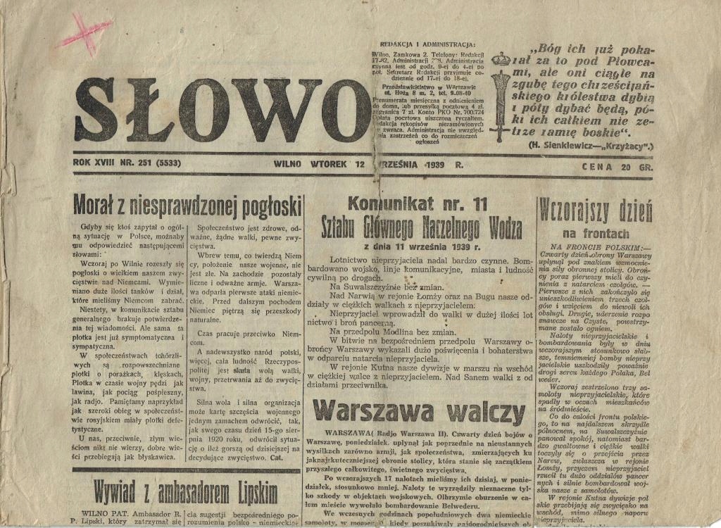 Wilno GAZETA Z 12 WRZEŚNIA 1939 Warszawa walczy