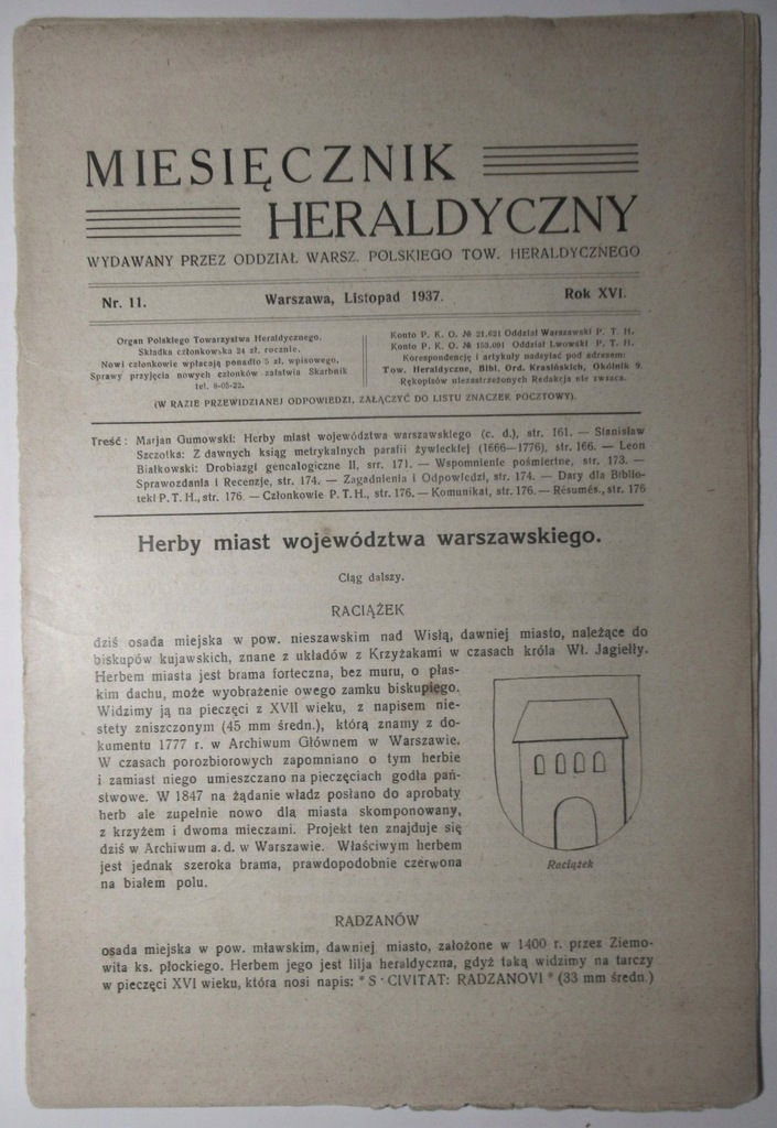 Miesięcznik heraldyczny, Numer 11 z 1937 r. HERBY MIAST WOJ. WARSZAWSKIEGO