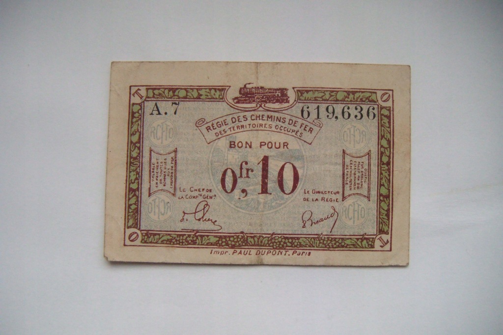 Banknot Francja Okup. Niemiecka - 0,10 Franków 1923