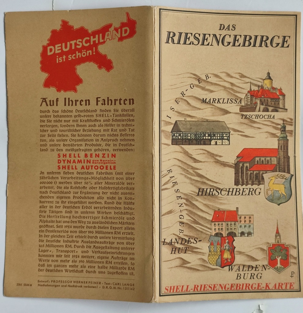 Mapa turystyczna Riesengebirge Karkonosze lata 20-te Shell- reklama