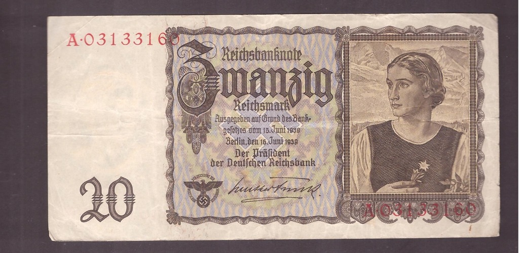 Niemcy - banknot - 20 Marek 1939 rok