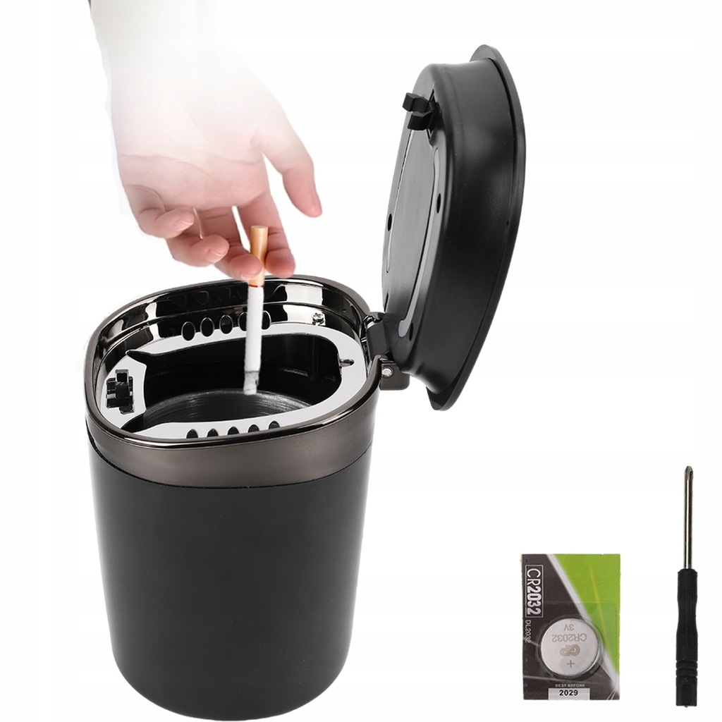 Wyjmowana popielniczka samochodowa ze światłem z pokrywką czarna