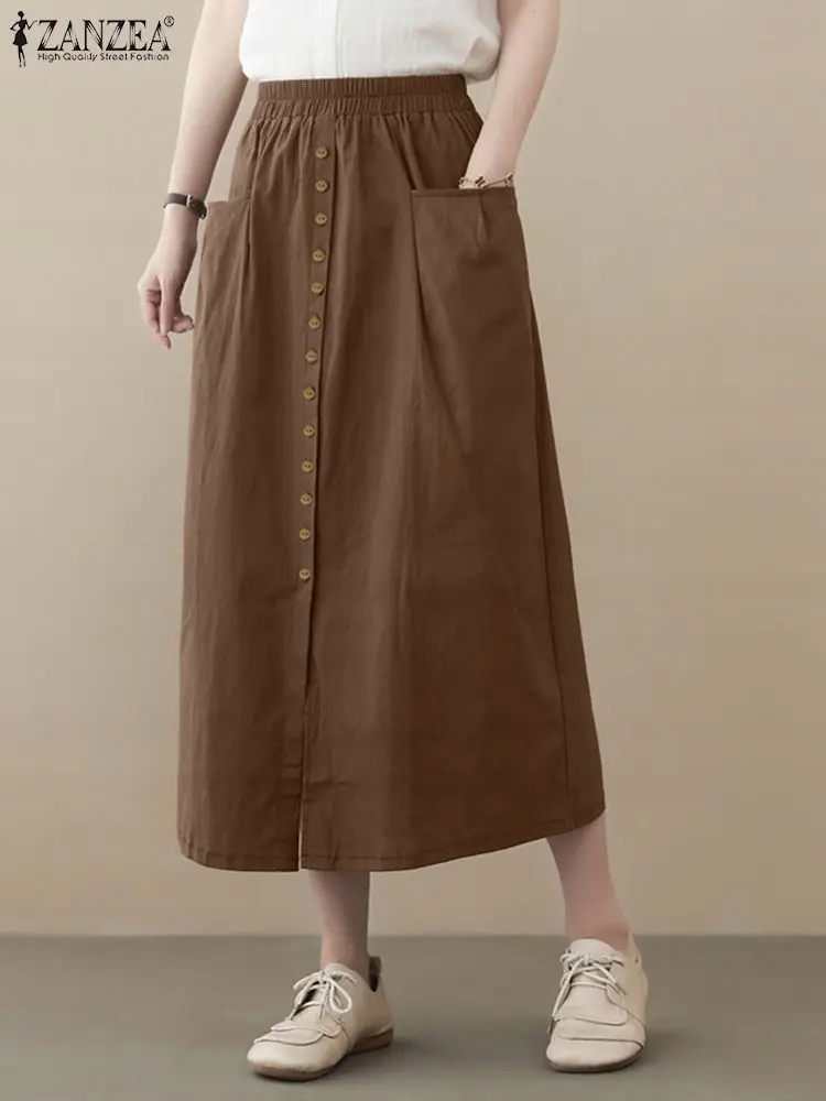 Oversize Women Elastic Waist Solid Midi Skirts Loo