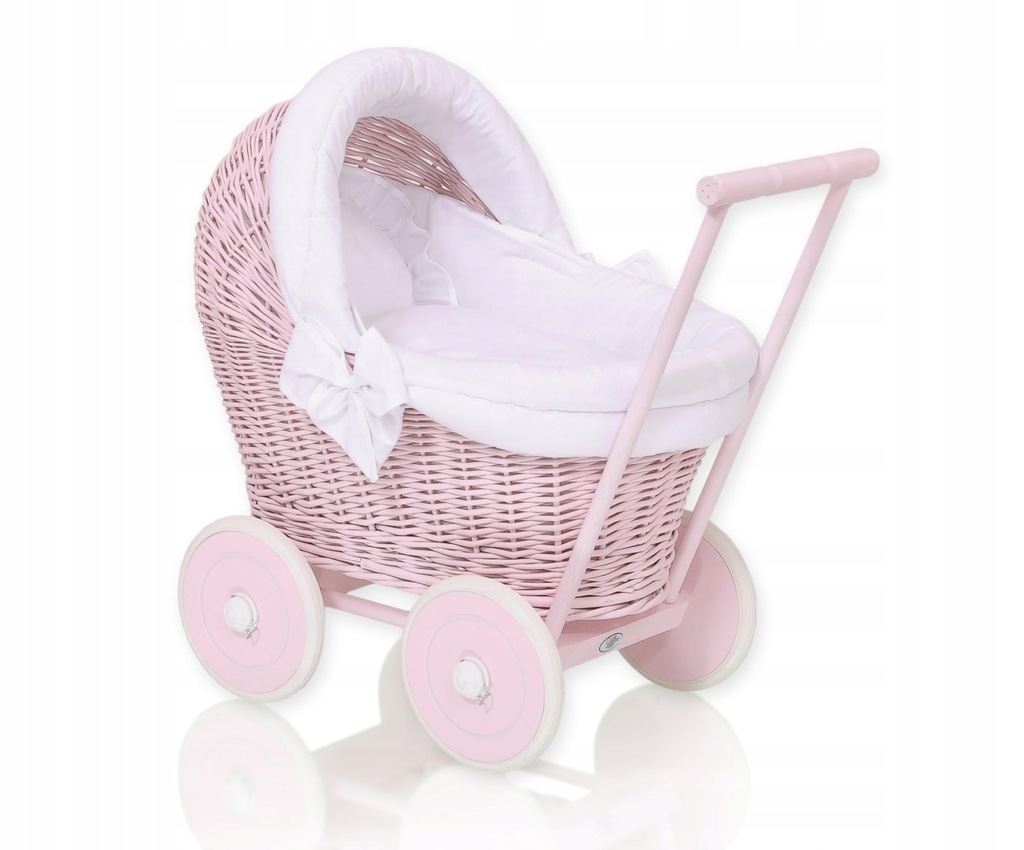 Wiklinowy wózek dla lalek pchacz różowy z białą pościelką i miękką wyściółk