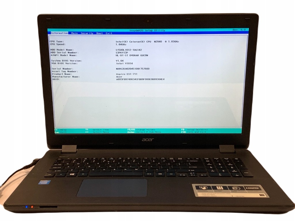 ACER Aspire ES1-711 17.3" Celeron N2940 HDMI BIOS OK EA243