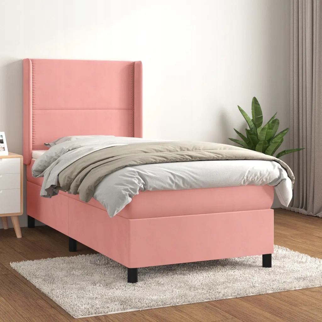 Łóżko kontynentalne z materacem, różowe, aksamit, 90x190 cm