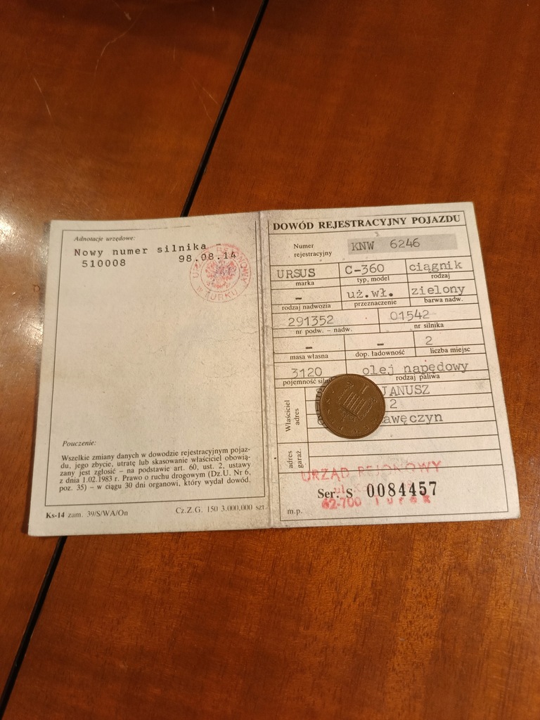 Kolekcjonerski dowód rejestracyjny URSUS C-360 1977r