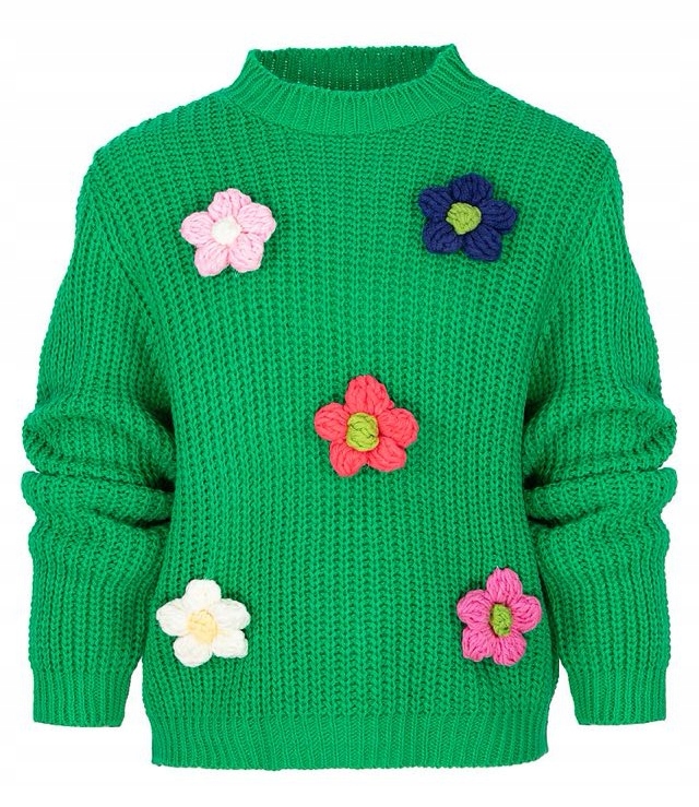 Uroczy sweter zielony w kwiaty naszywane 134 140