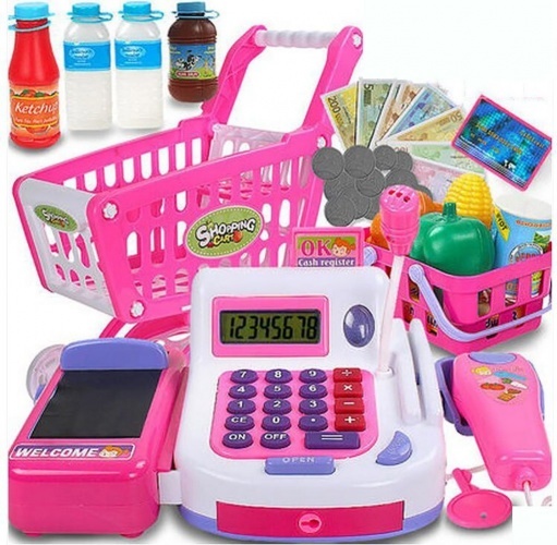 KASA FISKALNA SKLEPOWA DLA DZIECI + WÓZEK PRODUKTY