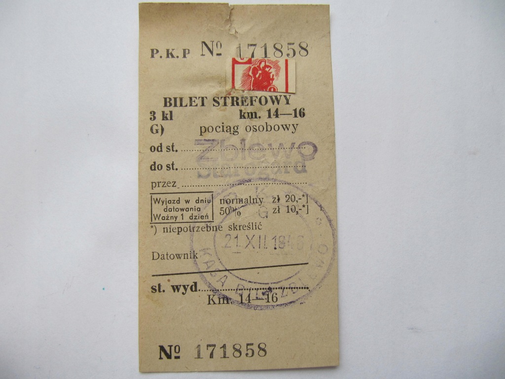 stary bilet PKP.Starogard, Zblewo, Pieczątka 1945 r.