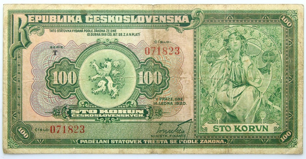 + Czechosłowacja - BANKNOT - 100 Koron 1920 - seria T - RZADKI - STAN !