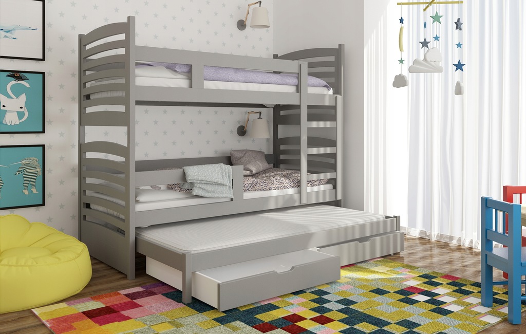 łóżko piętrowe oliwka 3 osobowe +materace szare
