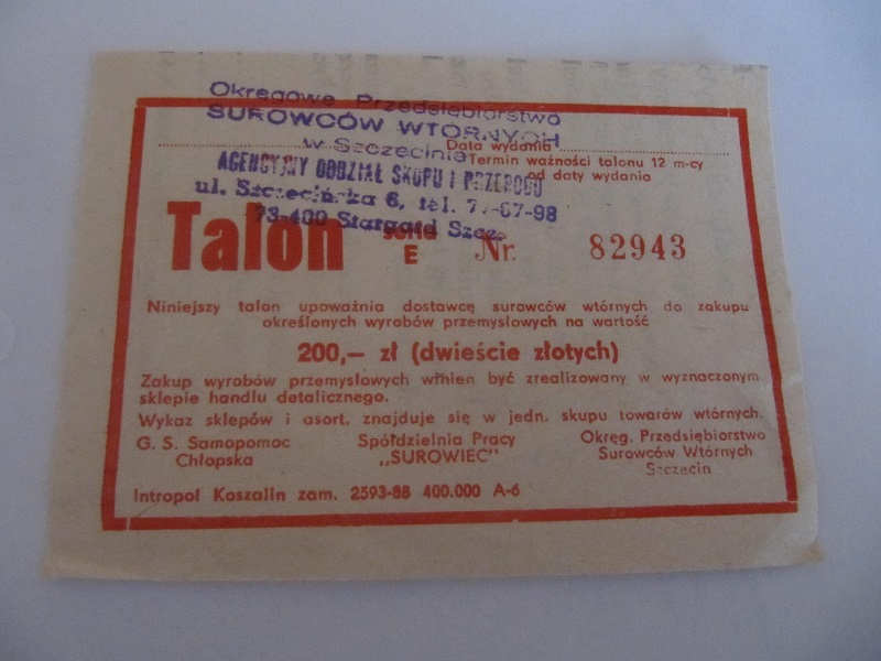 TALON ZA SUROWCE WTÓRNE PRL - SZCZECIN - STARGARD