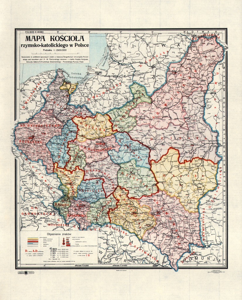 MAPA KOŚCIOŁA KATOLICKIEGO w POLSCE 1927 r. 40x30