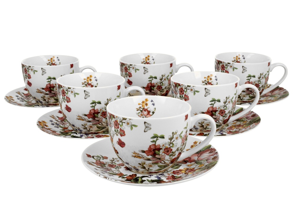 DUO VINTAGE FLOWERS KOMPLET 6 FILIŻANEK ZE SPODKAM