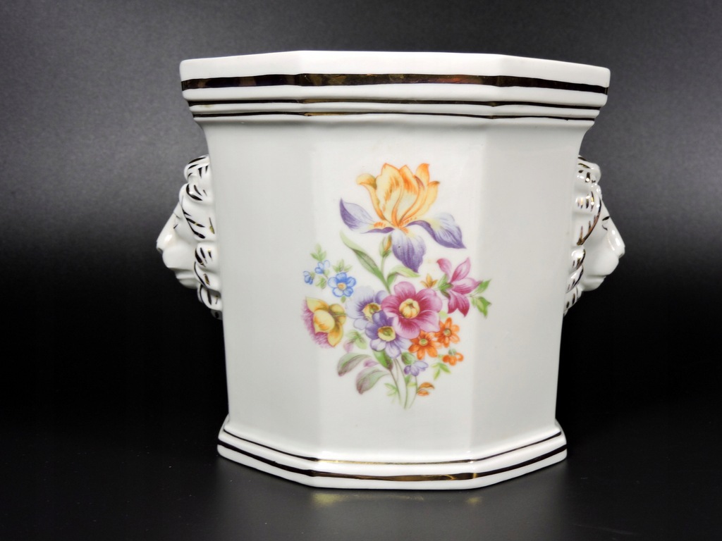 Osłonka na doniczkę wazon 8-kąt lew kwiaty porcelana Lichte