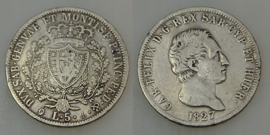 Włochy - Sardynia - srebro - 5 Lira 1827 rok P - Genua