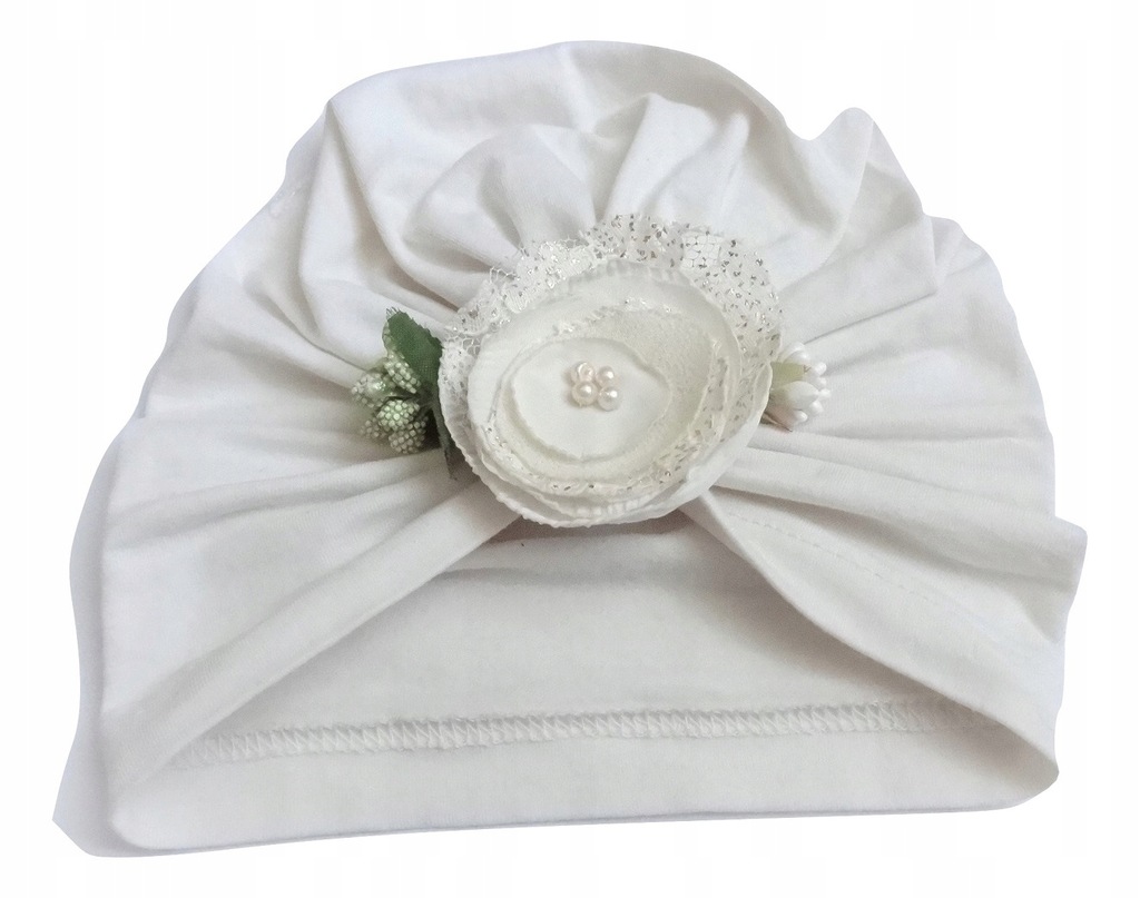 bawełniana czapka turban ecru chrzest 35 - 40 cm