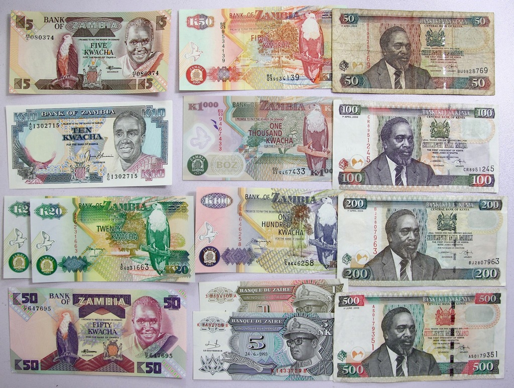 51. Zambia+Zimbabwe+Zair, zestaw 22 sztuk banknotów, mix